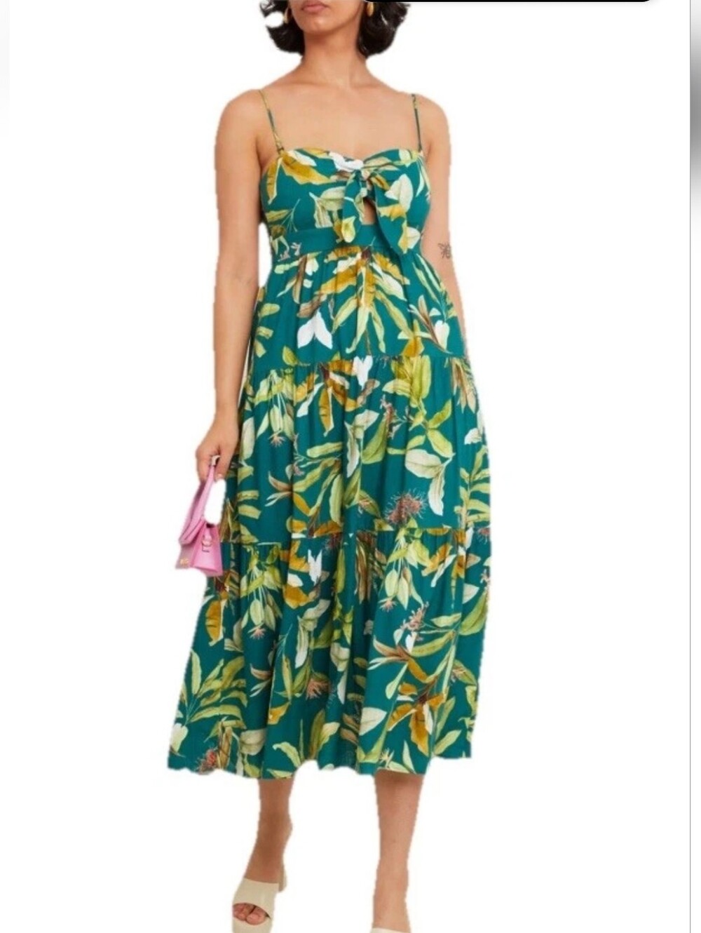 O.P.T. Linen Blend Tropical Print Midi Dress Large Tiered Adjistable Straps Teal